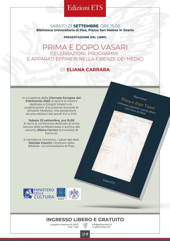 Giornate Europee del Patrimonio 2023: presentazione del libro PRIMA E DOPO VASARI di ELIANA CARRARA